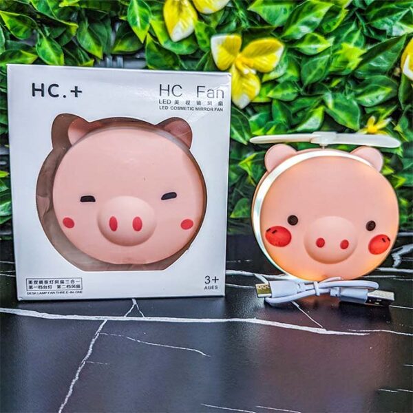 Mini ventilateur rose cochon USB Rechargeable miroir de maquillage led Portable – Image 2